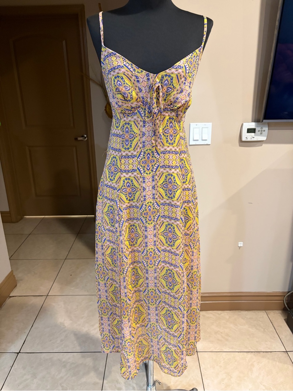 Moon River Yellow & Pink Mosaic-Print Spaghetti Strap Midi Dress